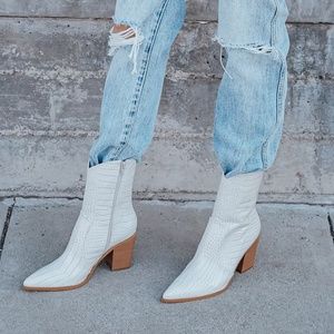 White crocodile embossed mid calf high heel boots